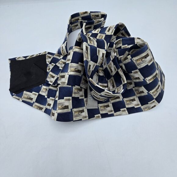 Stafford Mens Necktie 100% Silk Blue Tan Geometric Business Tie 57 x 4 Vintage - Picture 3 of 6